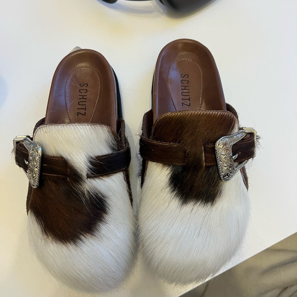 SCHUTZ Black Sole Mules with Gold Accents